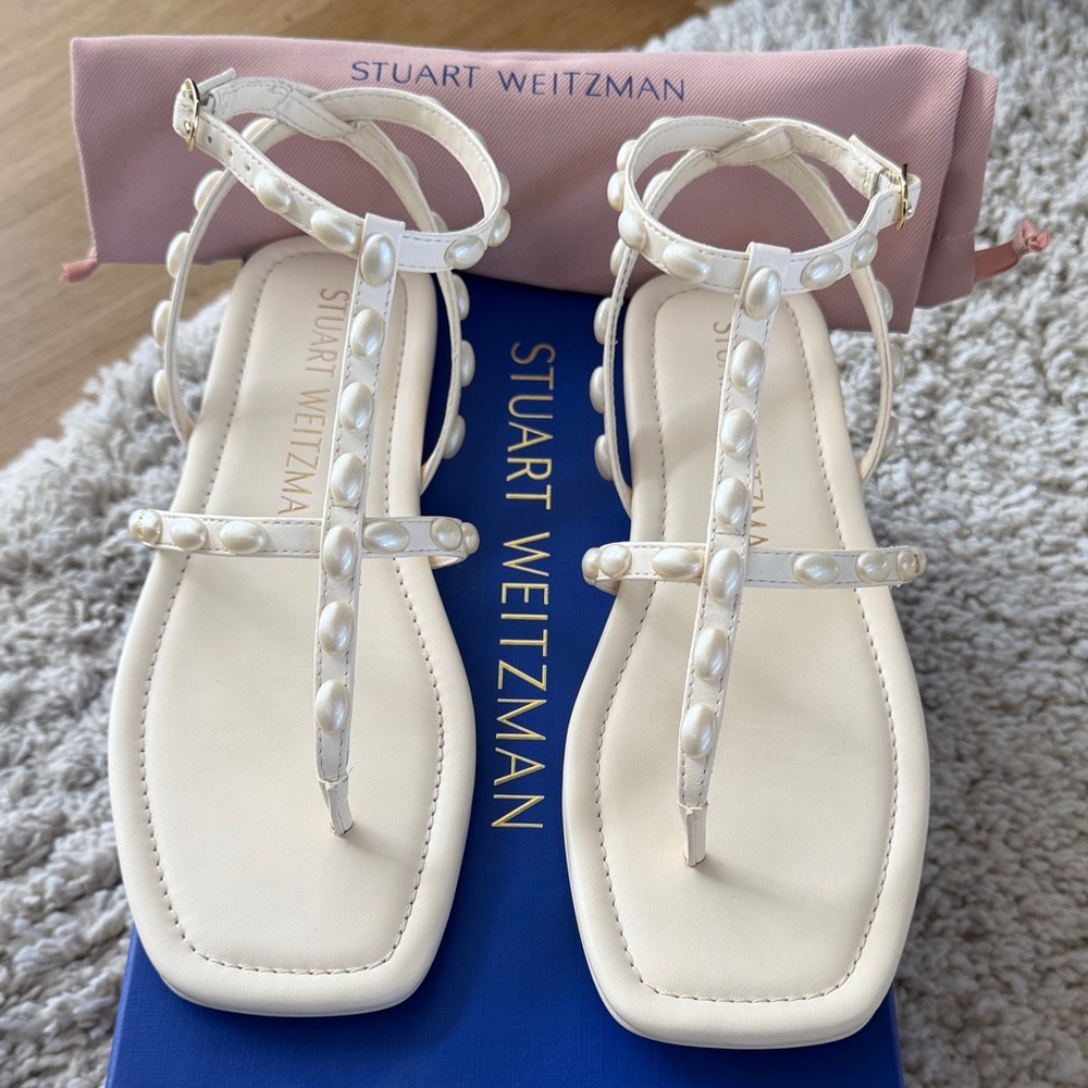 Stuart Weitzman Pearl-Studded T-Strap Cream Sandals